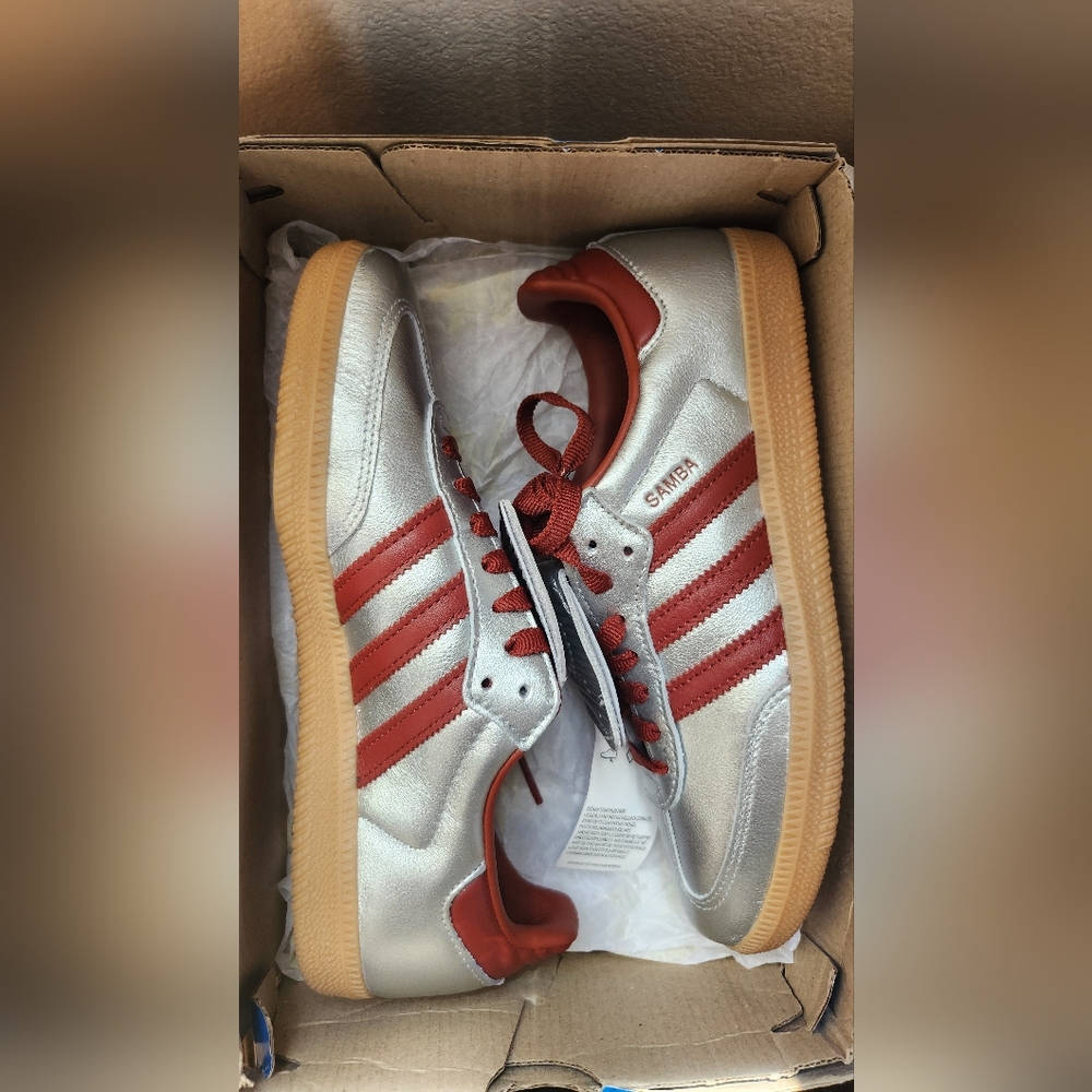 adidas Samba Metallic Silver and Burgundy Women's Sneakers - Picture 4 of 5